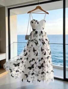 Black Butterfly Tulle Midi Dress with Sweetheart Bustier