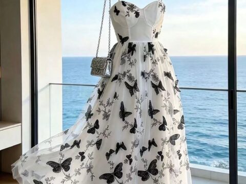 Black Butterfly Tulle Midi Dress with Sweetheart Bustier