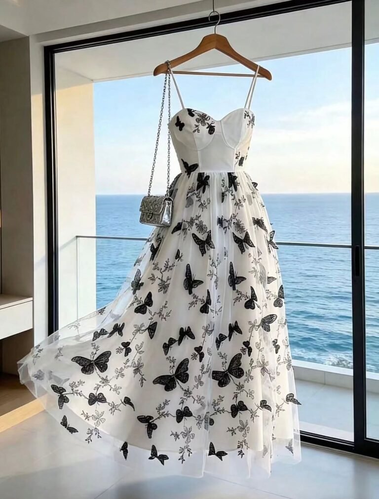 Black Butterfly Tulle Midi Dress with Sweetheart Bustier