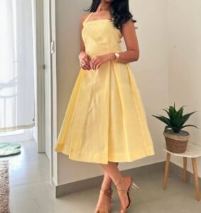 Pastel Yellow Linen-Look Pleated Midi Sundress