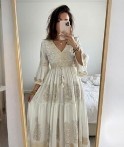 Cream Boho Block-Print Maxi Dress with Bell Sleeves & Tassel Tie