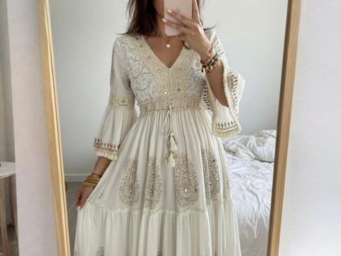 Cream Boho Block-Print Maxi Dress with Bell Sleeves & Tassel Tie