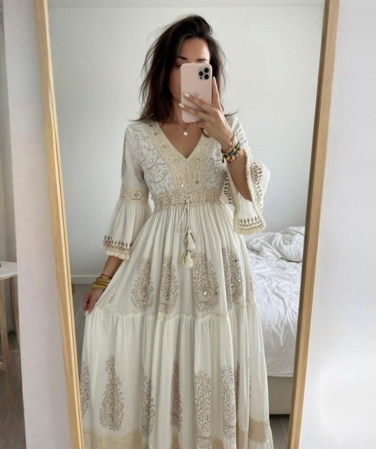 Cream Boho Block-Print Maxi Dress with Bell Sleeves & Tassel Tie