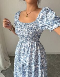 Blue & White Floral Smocked Midi Dress with Puff Sleeves
