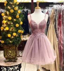 Dusty Mauve Lace Appliqué Tulle Party Dress