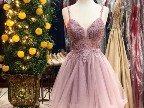 Dusty Mauve Lace Appliqué Tulle Party Dress