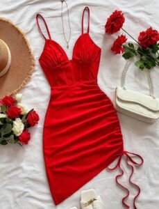 Cherry Red Ruched Side-Tie Mini Bodycon Dress