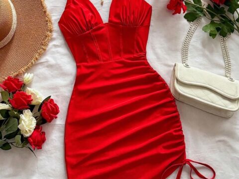 Cherry Red Ruched Side-Tie Mini Bodycon Dress