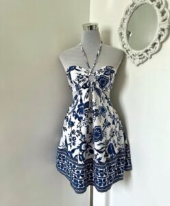 Blue & White Floral Halter Mini Sundress with Border Print