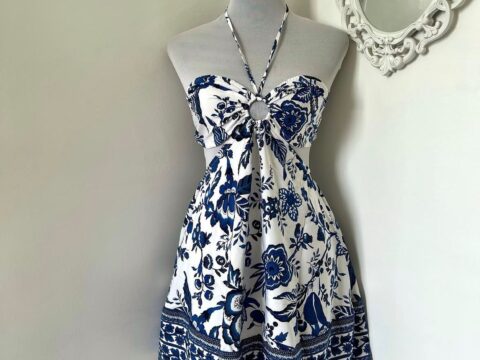 Blue & White Floral Halter Mini Sundress with Border Print