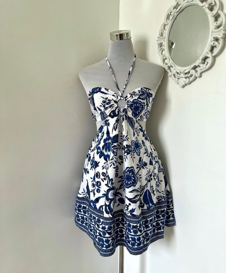 Blue & White Floral Halter Mini Sundress with Border Print