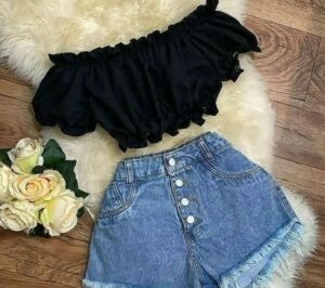 Black Off-Shoulder Ruffle Crop Top & High-Waist Button-Front Denim Shorts Set
