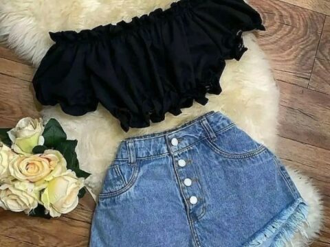 Black Off-Shoulder Ruffle Crop Top & High-Waist Button-Front Denim Shorts Set