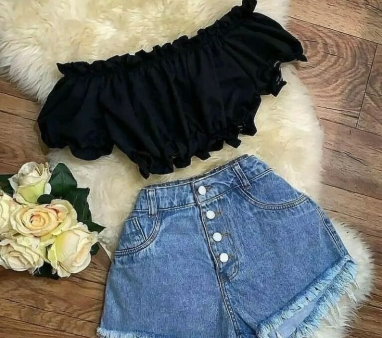 Black Off-Shoulder Ruffle Crop Top & High-Waist Button-Front Denim Shorts Set