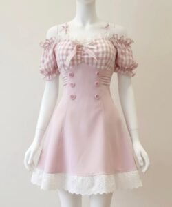 Pink Gingham & Lace Off-Shoulder Lolita Mini Dress with Sailor Buttons