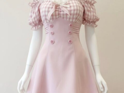 Pink Gingham & Lace Off-Shoulder Lolita Mini Dress with Sailor Buttons