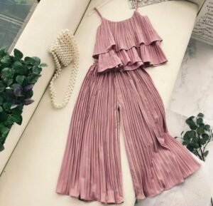 Dusty Rose Pleated Ruffle Cami & Wide-Leg Palazzo Pants Co-Ord Set