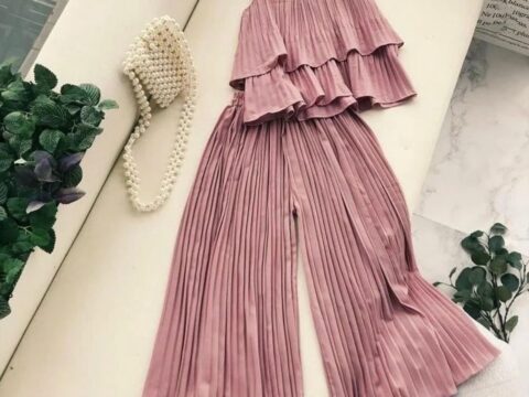 Dusty Rose Pleated Ruffle Cami & Wide-Leg Palazzo Pants Co-Ord Set