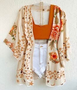 Boho Leopard & Floral Print Kimono with Burnt-Orange Crop Top Set