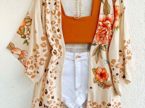 Boho Leopard & Floral Print Kimono with Burnt-Orange Crop Top Set