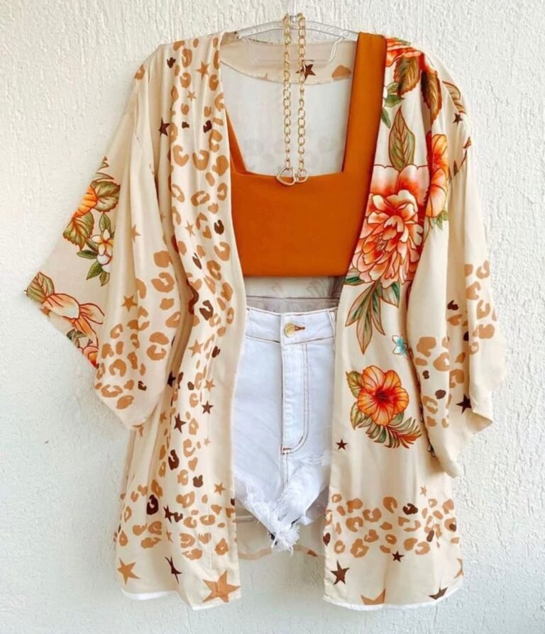 Boho Leopard & Floral Print Kimono with Burnt-Orange Crop Top Set