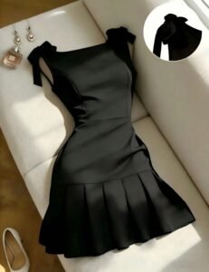 Black Square-Neck Bow-Strap Pleated Mini Dress