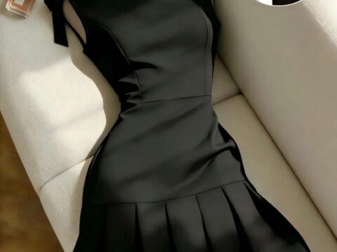 Black Square-Neck Bow-Strap Pleated Mini Dress