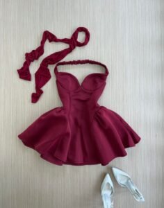 Wine Red Sweetheart Halter Mini Skater Dress
