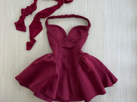 Wine Red Sweetheart Halter Mini Skater Dress