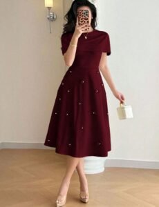 Burgundy A-Line Midi Dress with Cape Sleeves & 3D Floral Appliqué
