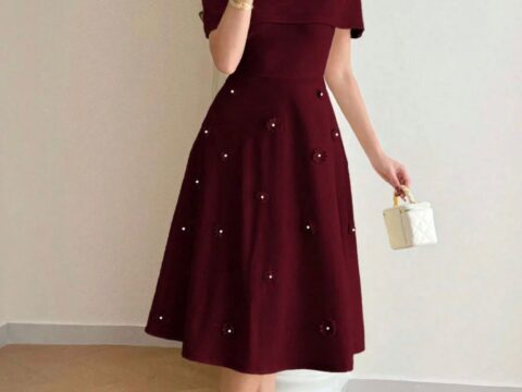 Burgundy A-Line Midi Dress with Cape Sleeves & 3D Floral Appliqué