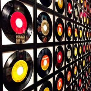 Wall display of seven inch vinyl singles