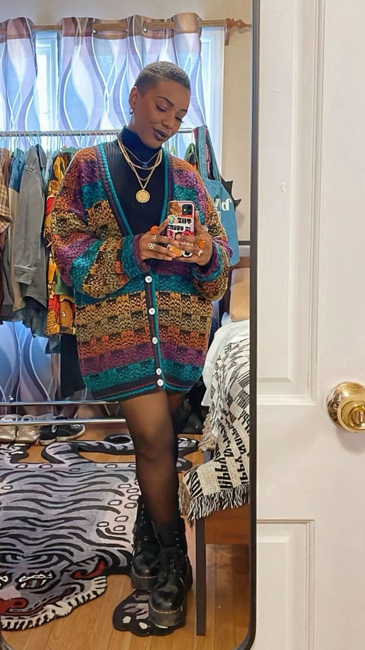 90s Style Multicolour Chunky Knit Oversized Cardigan