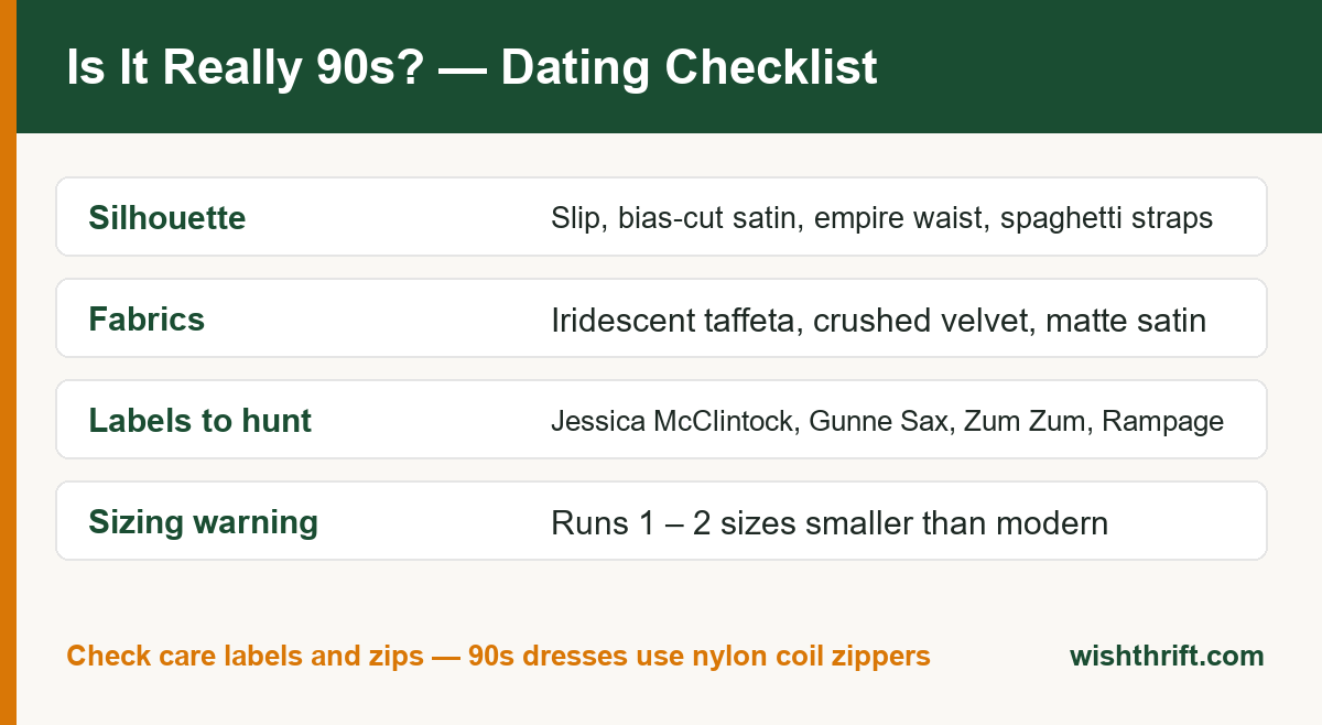 Checklist card for dating 90s prom dresses by silhouette, fabric, labels like Jessica McClintock and sizing