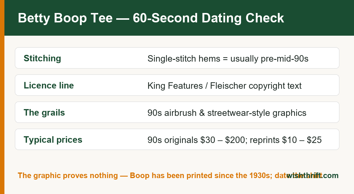 Betty Boop tee 60-second dating checklist covering stitching, copyright lines, grail styles and typical prices