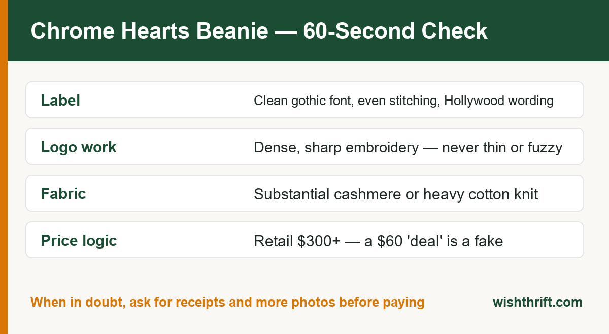 Chrome Hearts beanie 60-second authentication checklist covering label, logo embroidery, fabric and price logic
