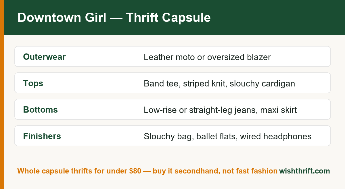 Downtown girl aesthetic capsule card listing thriftable outerwear, tops, bottoms and finishing accessories