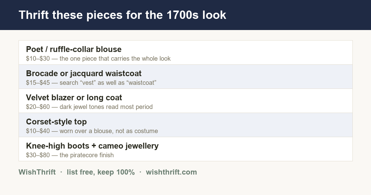 Five pieces to thrift for the 1700s fashion look: poet blouse, brocade waistcoat, velvet coat, corset-style top, knee-high boots