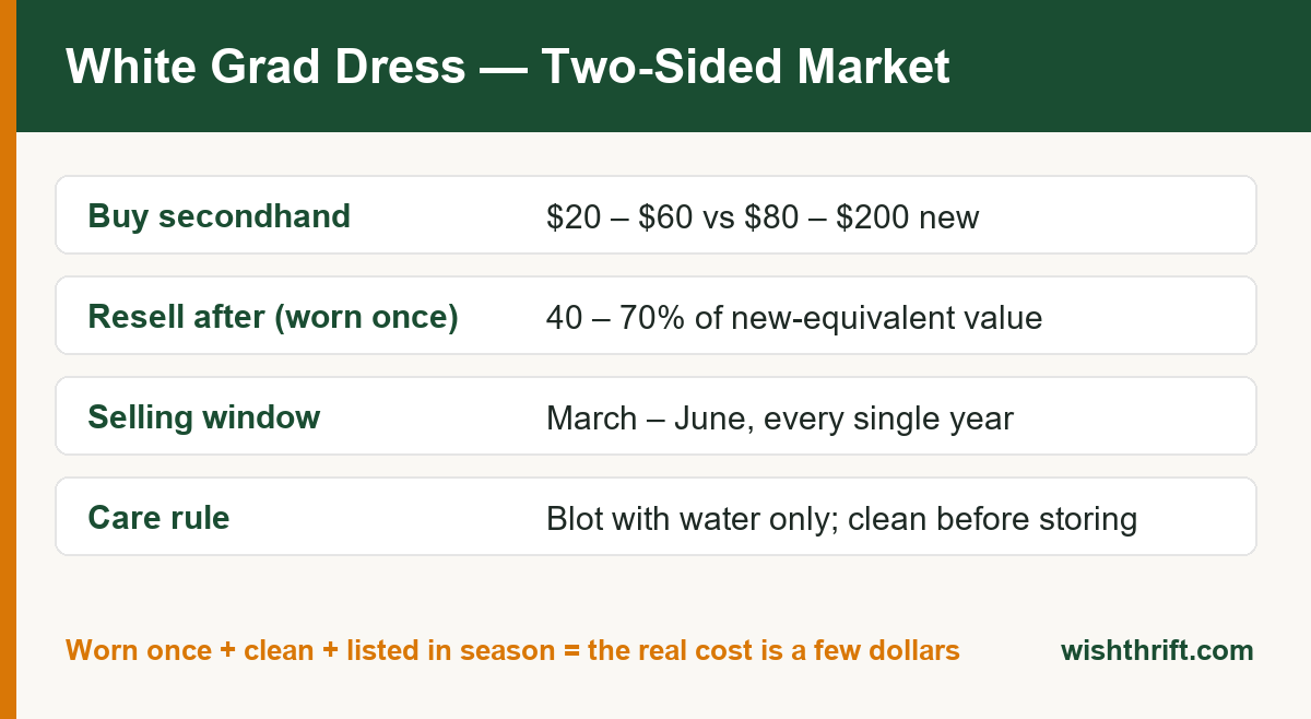 White graduation dress price card showing secondhand buying prices and post-ceremony resale values by style