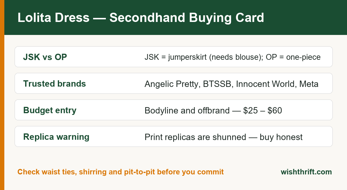 Lolita dress secondhand buying card explaining JSK versus OP, trusted brands, budget options and replica warning