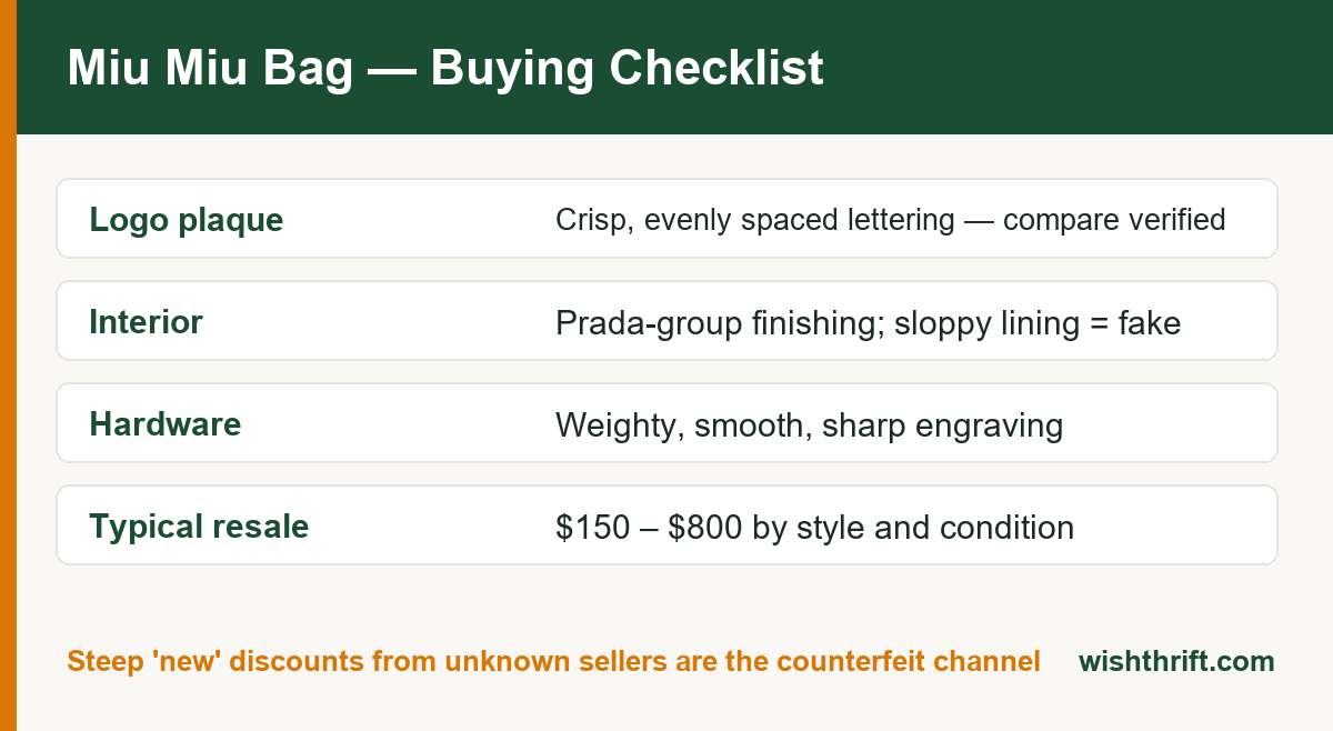 Miu Miu bag authentication checklist covering logo plaque, lining, hardware and price logic