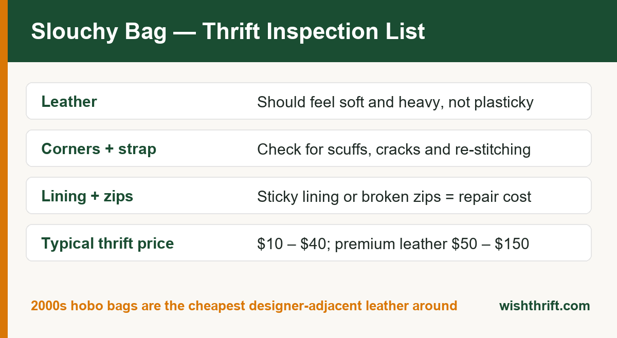 Slouchy shoulder bag thrift inspection checklist covering leather feel, corners, strap, lining, zips and typical prices