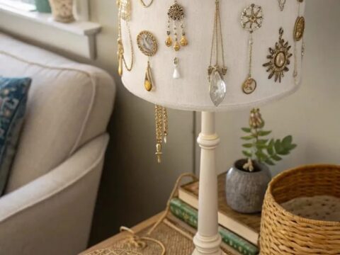 Upcycled Table Lamp / Vintage Jewellery Display – Working