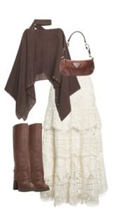 Boho Outfit Bundle – Wrap Top, Lace Maxi Skirt, Suede Bag & Leather Boots