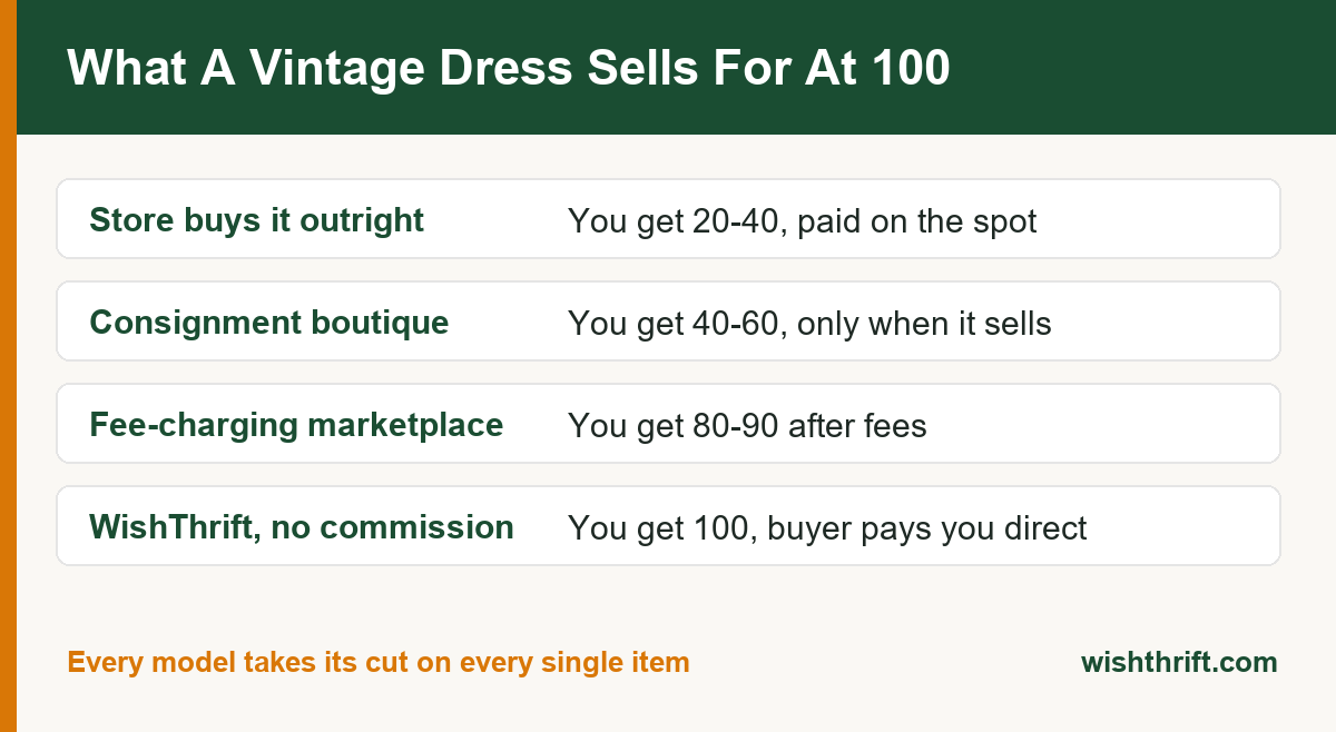 What a 100 vintage dress returns to the seller: 20-40 outright, 40-60 consignment, 80-90 fee marketplace, 100 on WishThrift