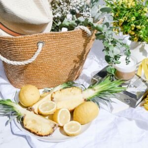 Woven straw market tote basket bag with lemons
