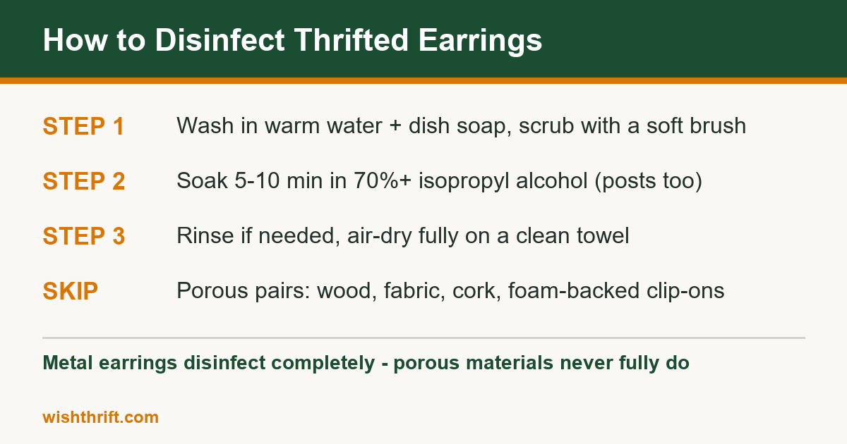 3-step method to disinfect thrifted earrings: soap wash, isopropyl alcohol soak, air dry