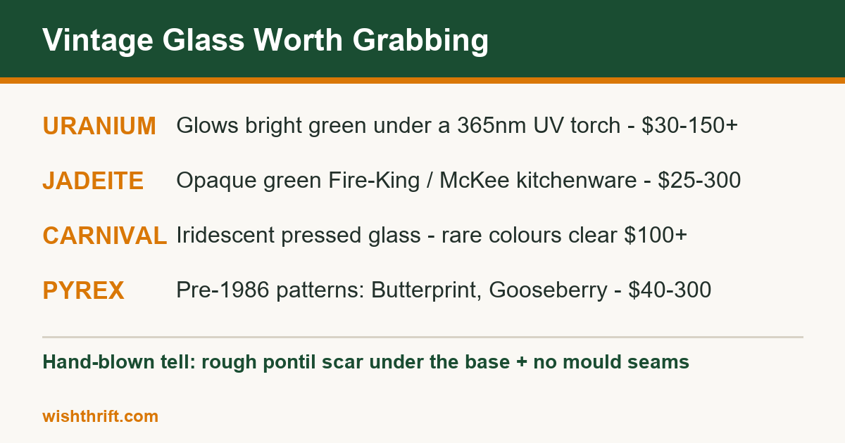Vintage glass worth grabbing at thrift stores: uranium glass UV test, jadeite, carnival glass and pre-1986 Pyrex with value ranges
