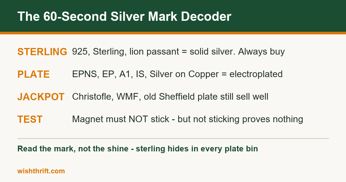 Silver mark decoder: sterling marks 925 and lion passant vs EPNS silver plate marks, plus the magnet test caveat