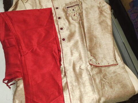 Premium Golden Designer Sherwani with Red Pajama